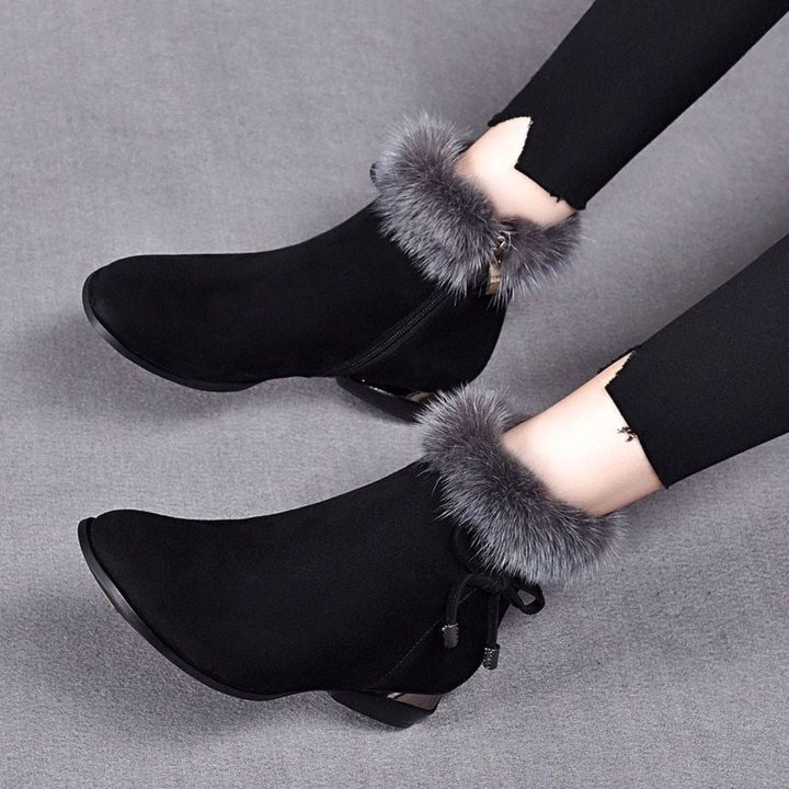 Women's Faux-Fur Trim Suede Low-Heel Ankle Boots - Black