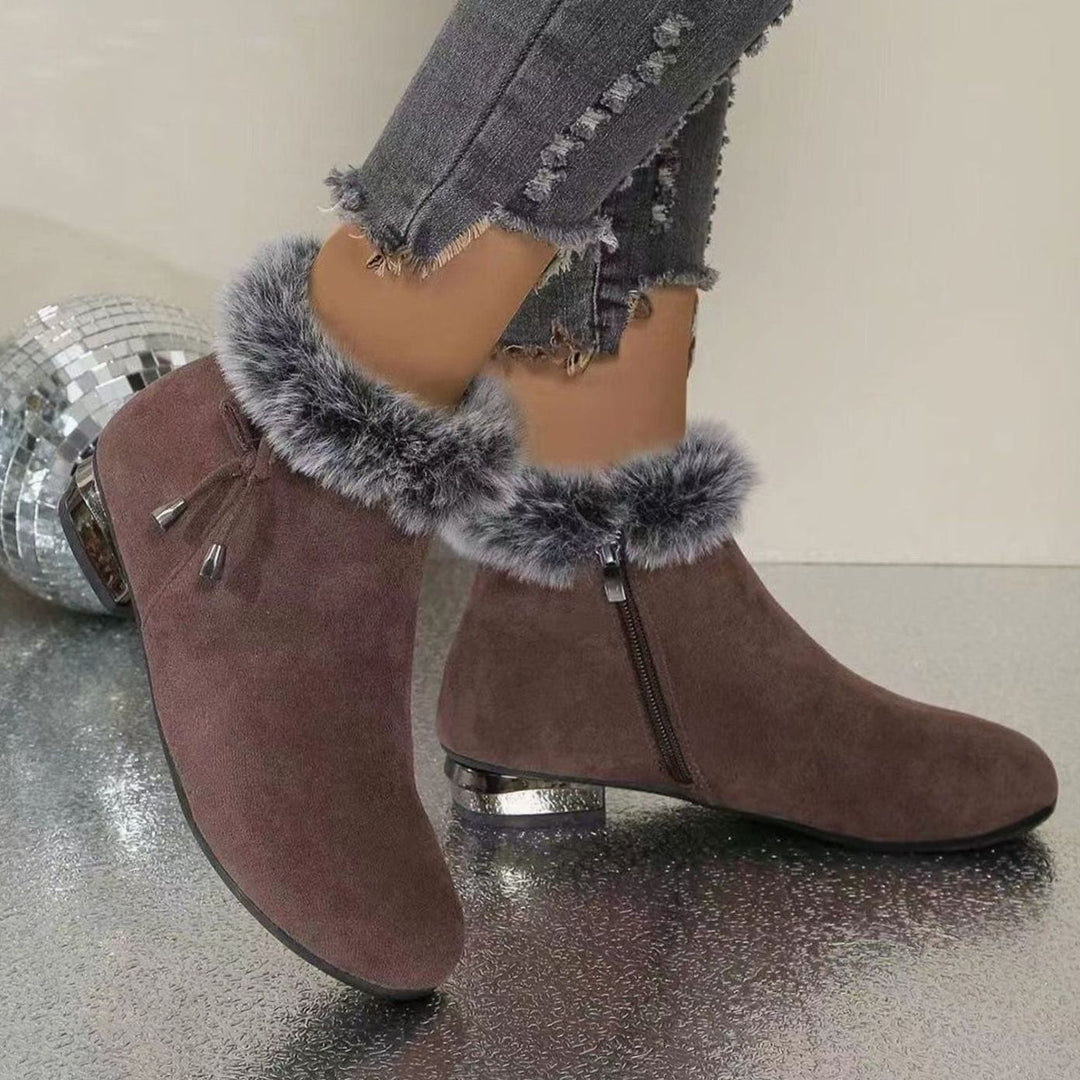 Women's Faux-Fur Trim Suede Low-Heel Ankle Boots
