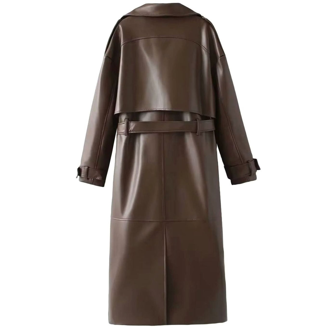 Women's Faux Leather Belted Longline Trench Coat, Chocolate Brown