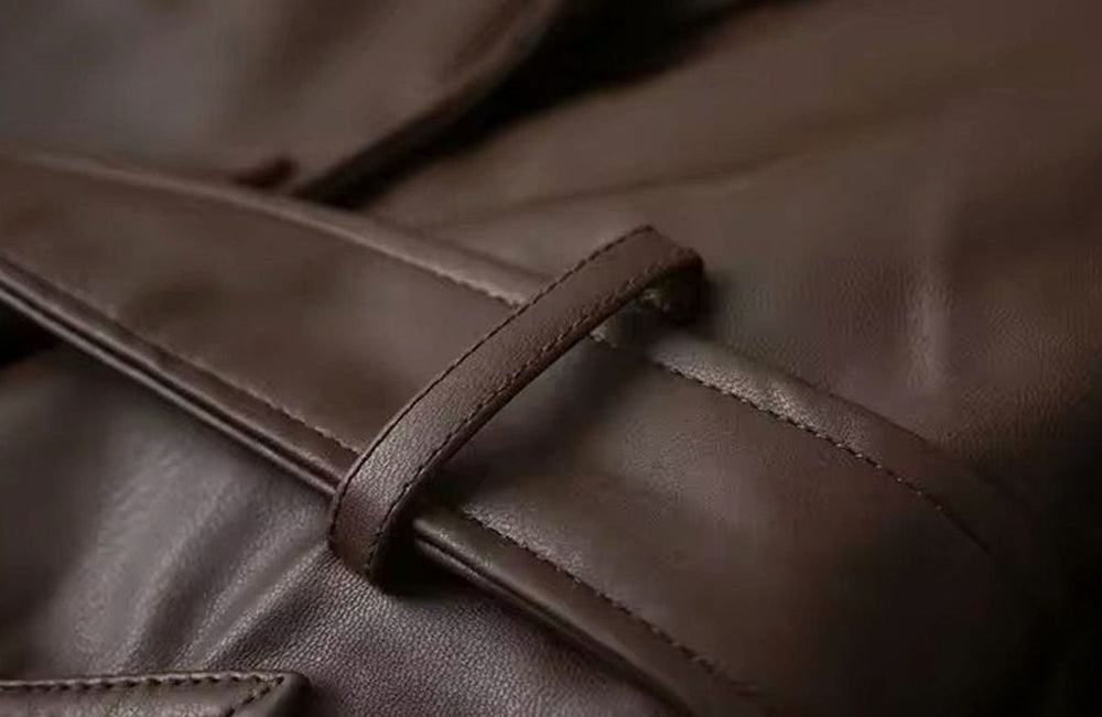 Women's Faux Leather Belted Longline Trench Coat, Chocolate Brown