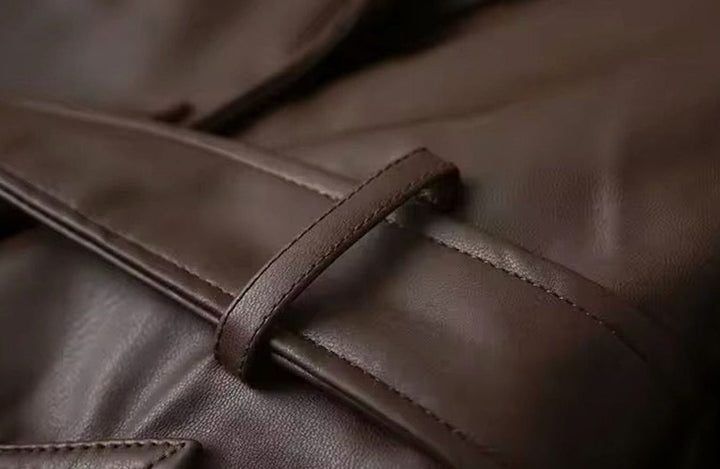 Women's Faux Leather Belted Longline Trench Coat, Chocolate Brown