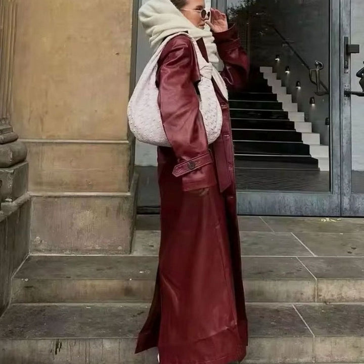 Women's Faux Leather Belted Longline Trench Coat, Chocolate Brown