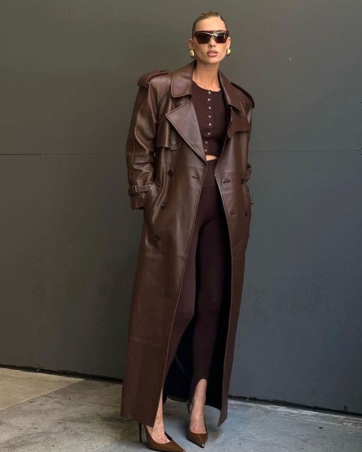 Women's Faux Leather Belted Longline Trench Coat, Chocolate Brown