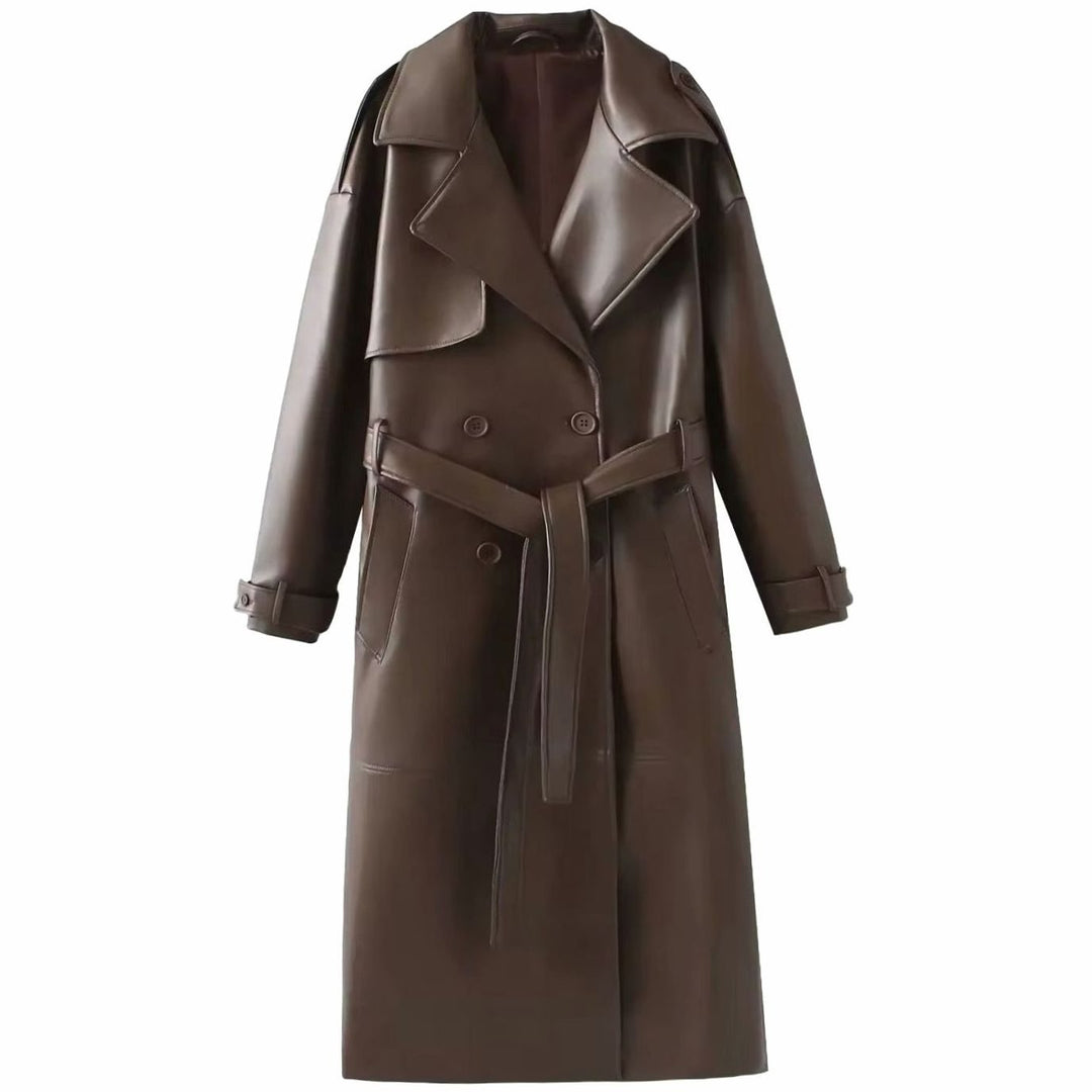 Women's Faux Leather Belted Longline Trench Coat, Chocolate Brown - Brown
