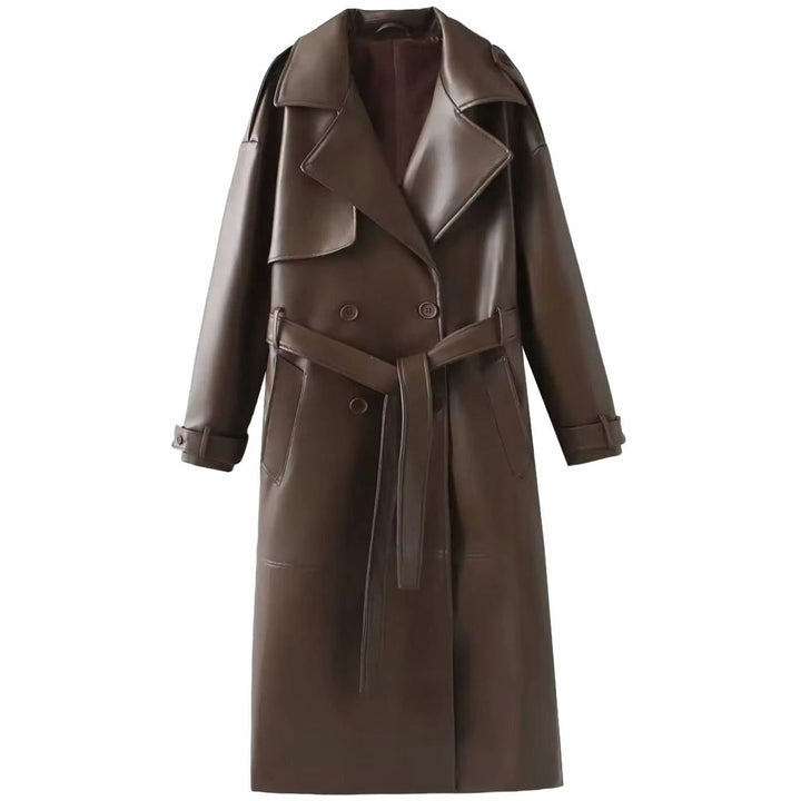 Women's Faux Leather Belted Longline Trench Coat, Chocolate Brown - Brown