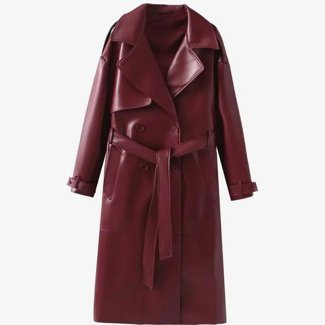 Women's Faux Leather Belted Longline Trench Coat, Chocolate Brown - Red