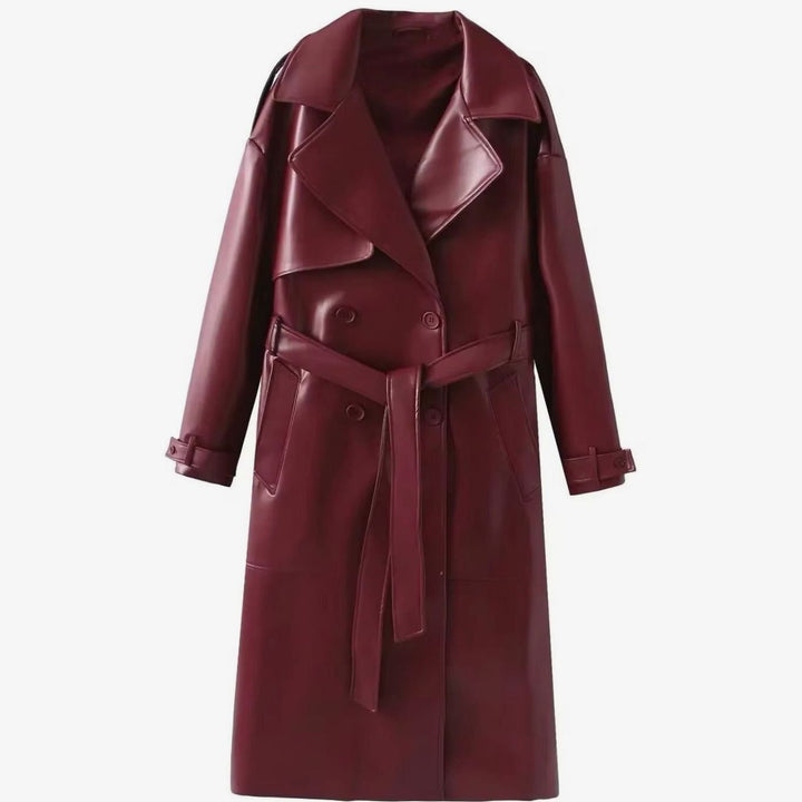 Women's Faux Leather Belted Longline Trench Coat, Chocolate Brown - Red