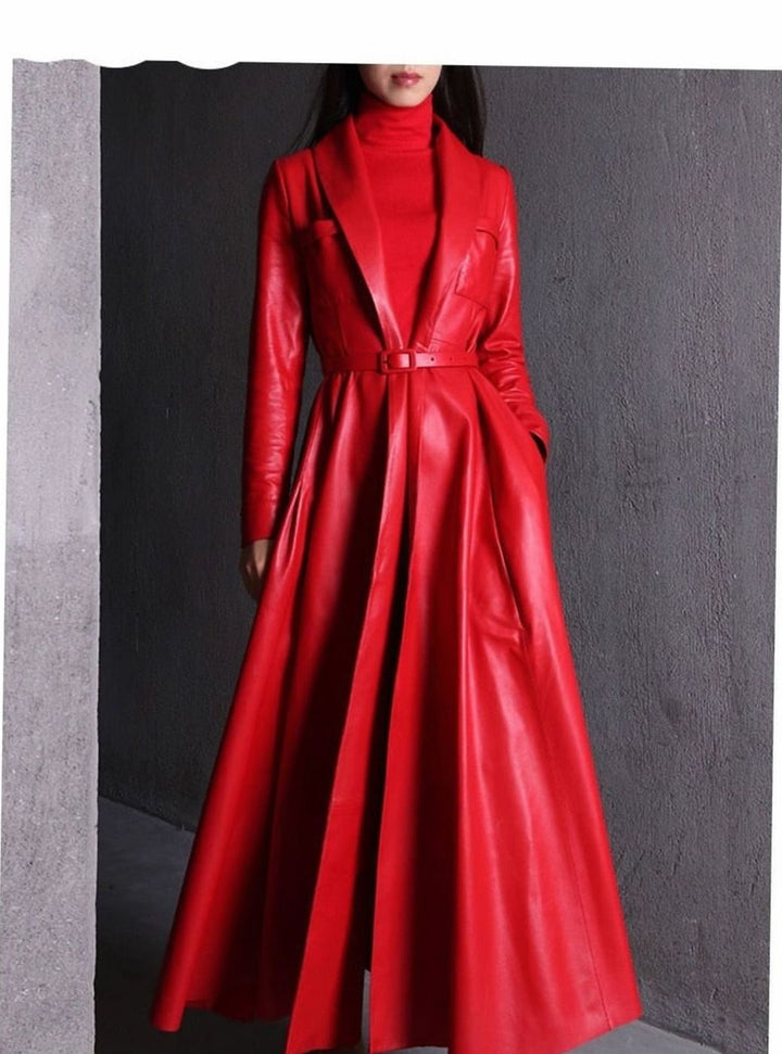 Women's Faux Leather Belted Maxi Trench Coat Full-Length Flared