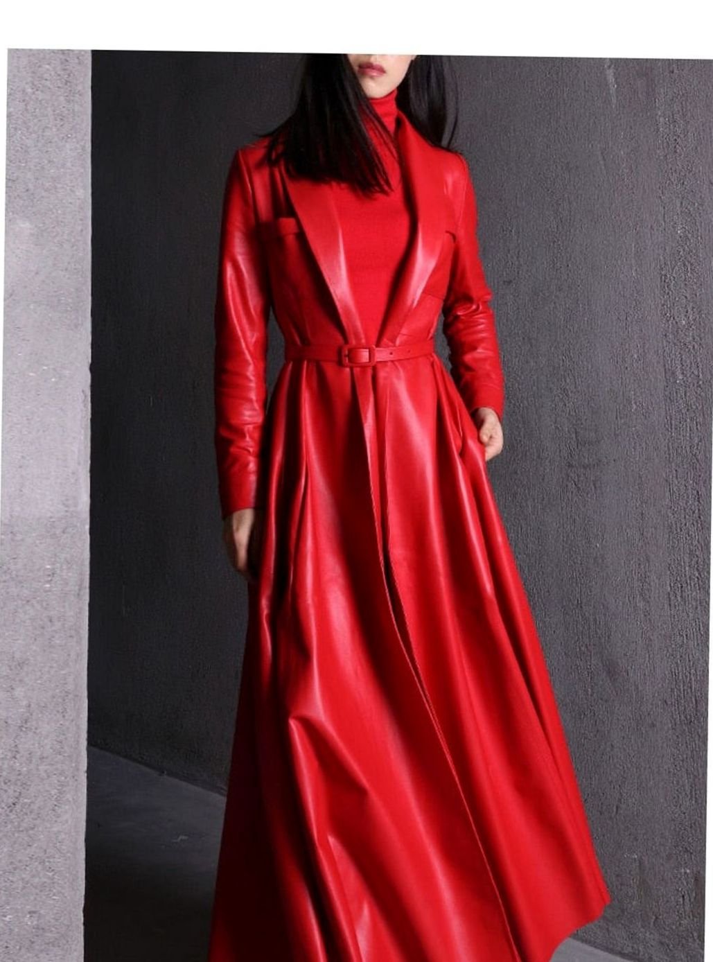 Women's Faux Leather Belted Maxi Trench Coat Full-Length Flared