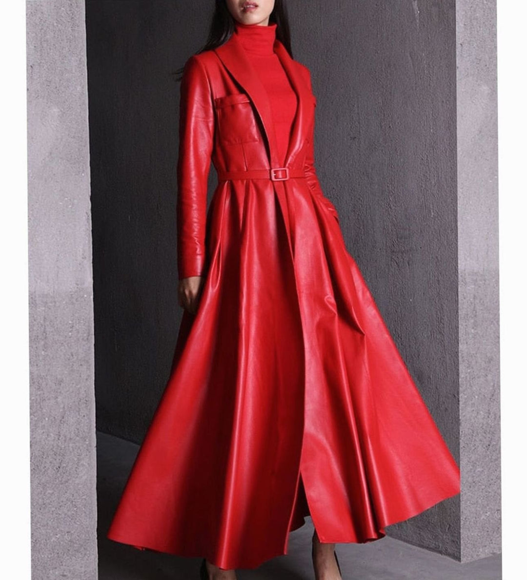 Women's Faux Leather Belted Maxi Trench Coat Full-Length Flared