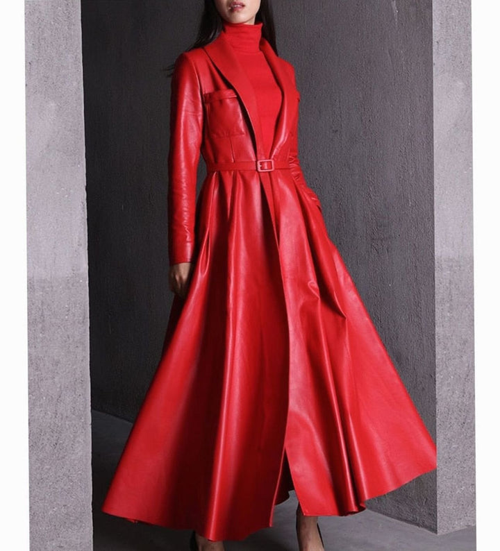 Women's Faux Leather Belted Maxi Trench Coat Full-Length Flared
