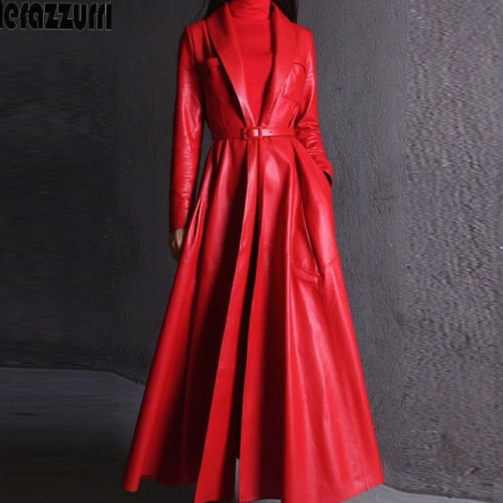 Women's Faux Leather Belted Maxi Trench Coat Full-Length Flared