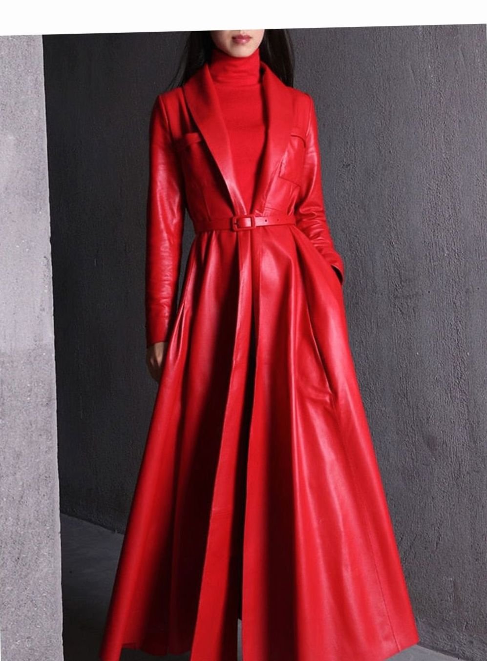 Women's Faux Leather Belted Maxi Trench Coat Full-Length Flared
