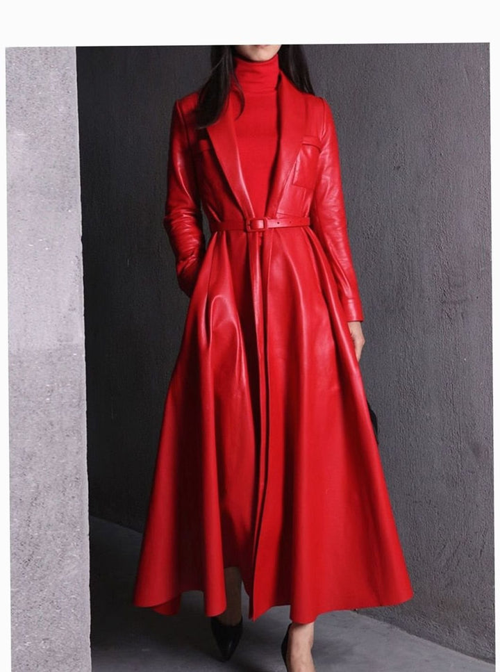 Women's Faux Leather Belted Maxi Trench Coat Full-Length Flared