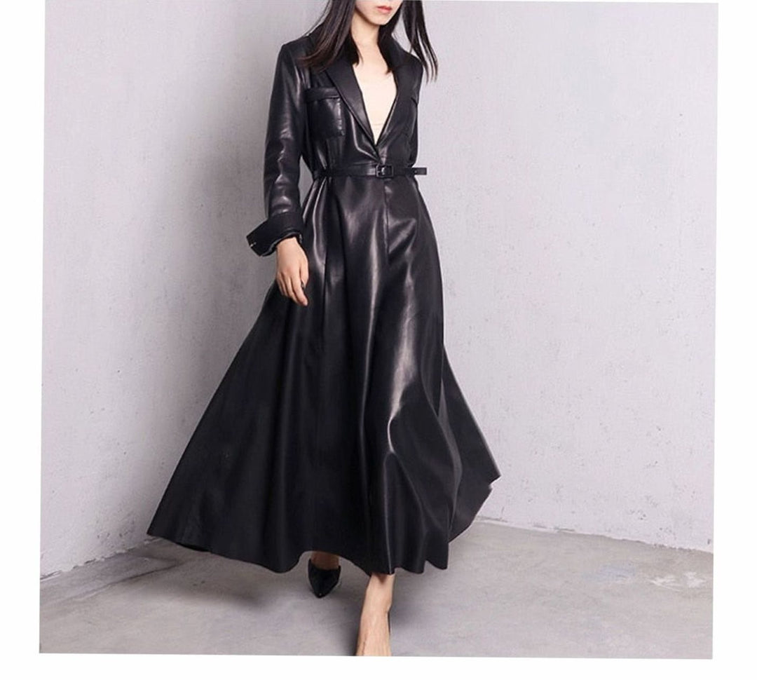 Women's Faux Leather Belted Maxi Trench Coat Full-Length Flared