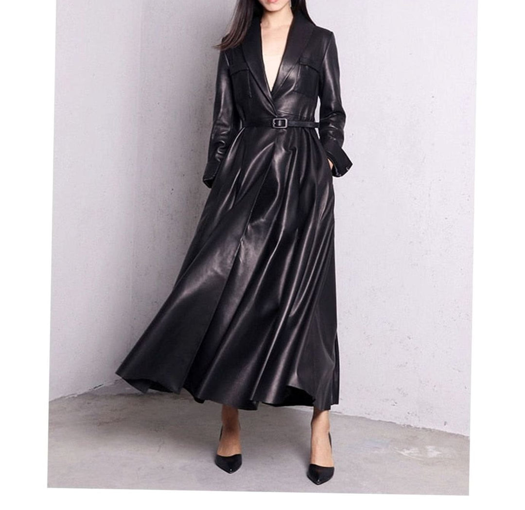 Women's Faux Leather Belted Maxi Trench Coat Full-Length Flared