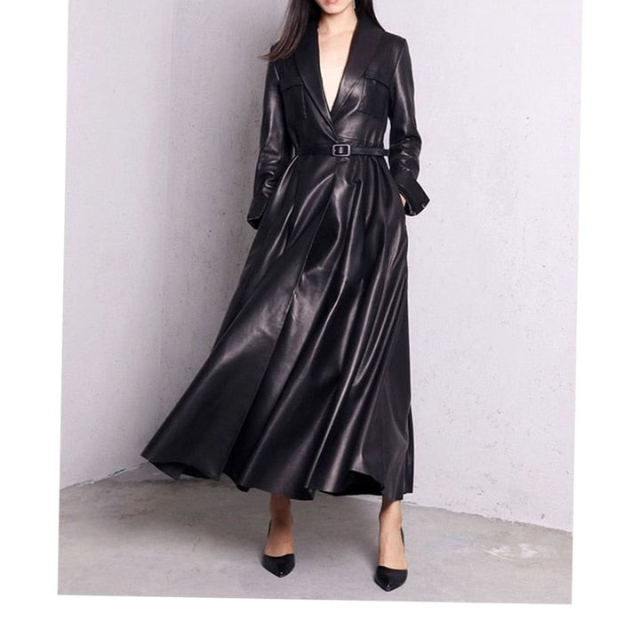 Women's Faux Leather Belted Maxi Trench Coat Full-Length Flared