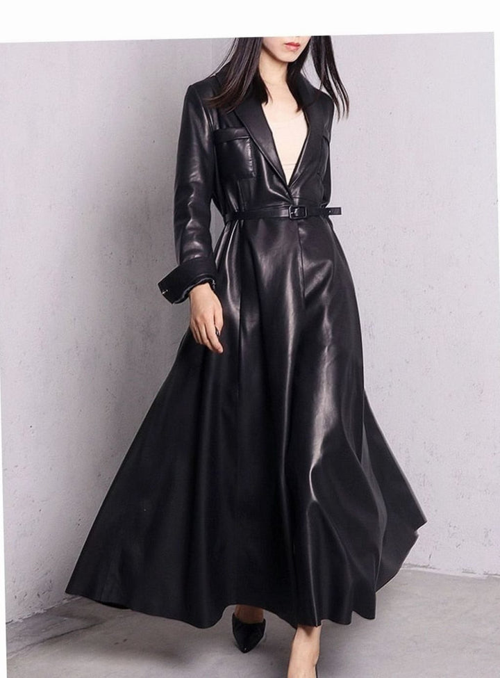 Women's Faux Leather Belted Maxi Trench Coat Full-Length Flared