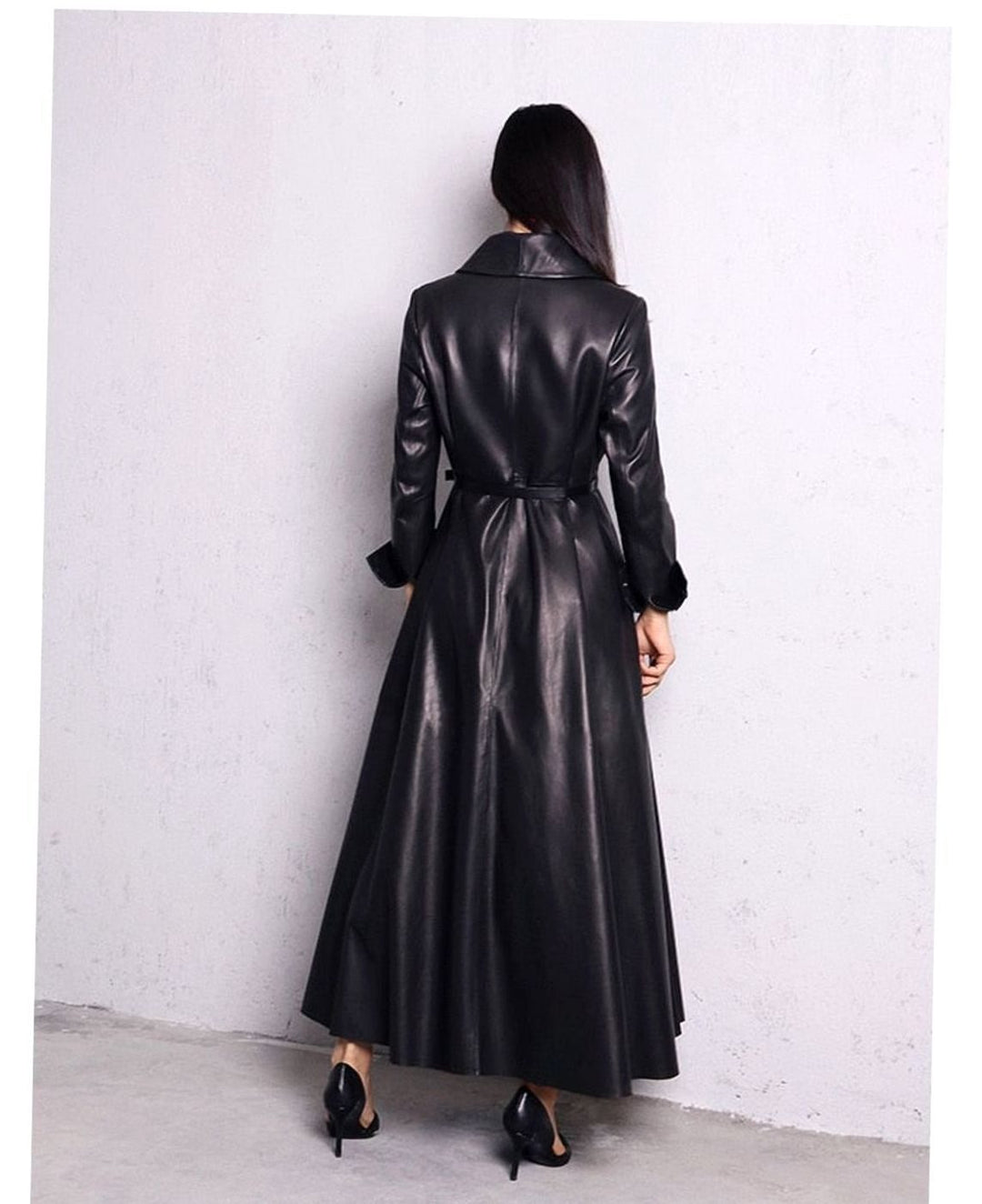 Women's Faux Leather Belted Maxi Trench Coat Full-Length Flared