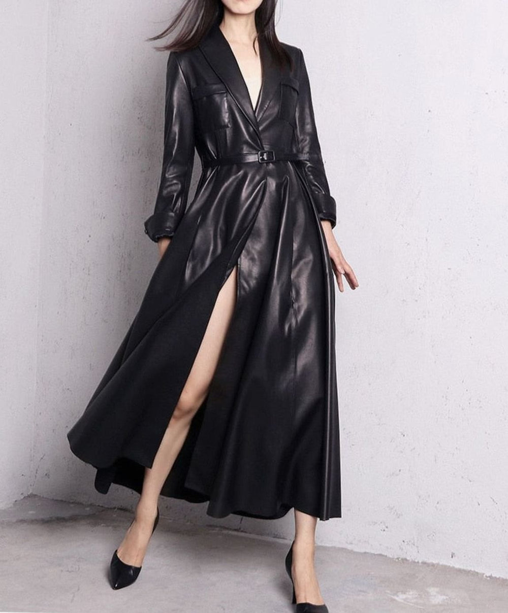 Women's Faux Leather Belted Maxi Trench Coat Full-Length Flared