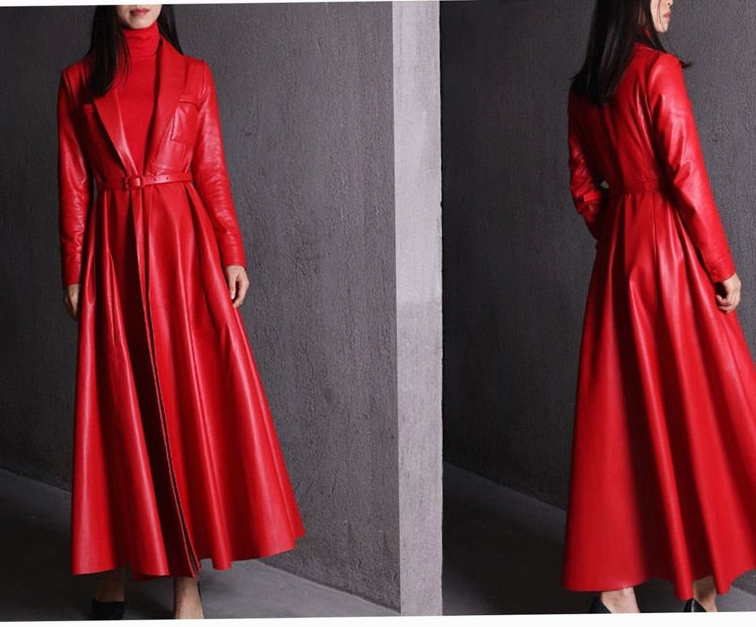 Women's Faux Leather Belted Maxi Trench Coat Full-Length Flared