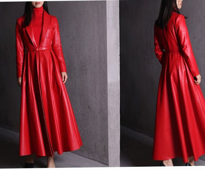 Women's Faux Leather Belted Maxi Trench Coat Full-Length Flared