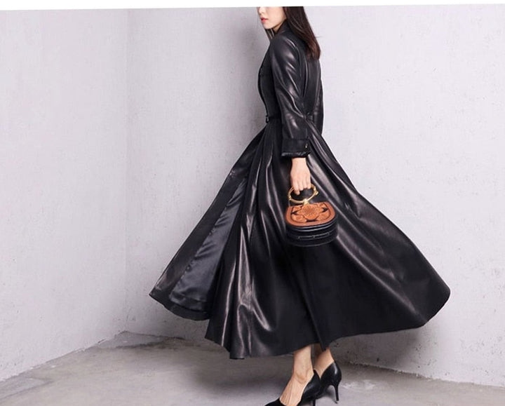 Women's Faux Leather Belted Maxi Trench Coat Full-Length Flared