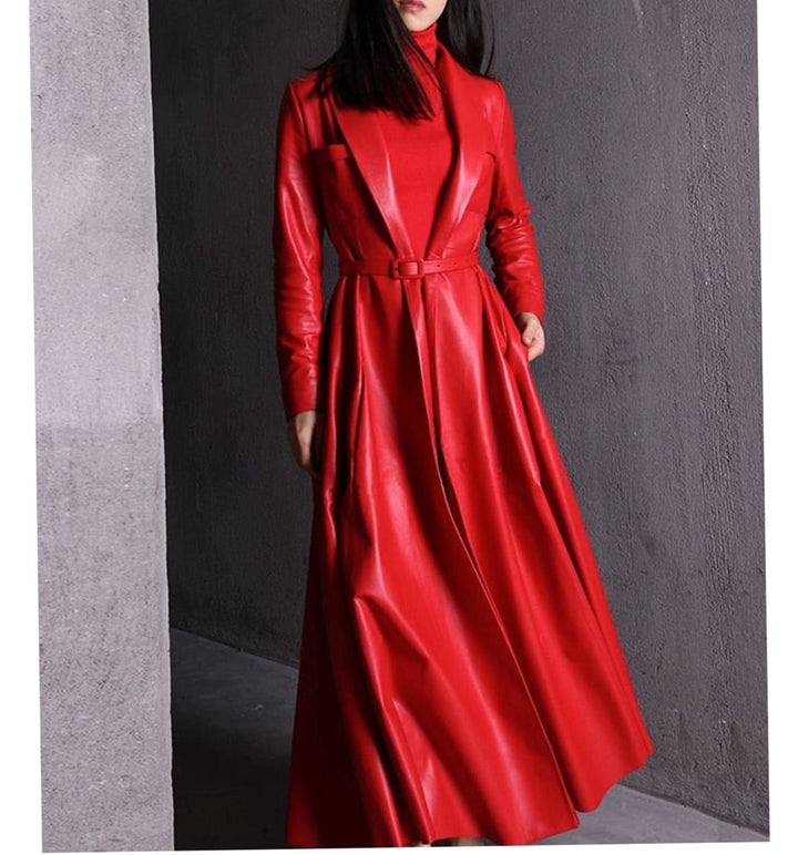 Women's Faux Leather Belted Maxi Trench Coat Full-Length Flared