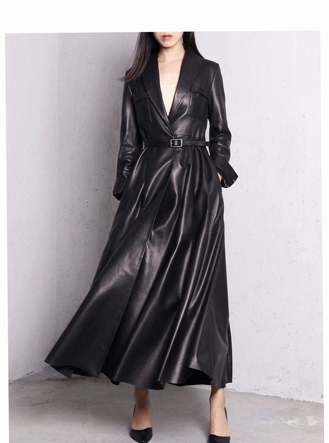Women's Faux Leather Belted Maxi Trench Coat Full-Length Flared