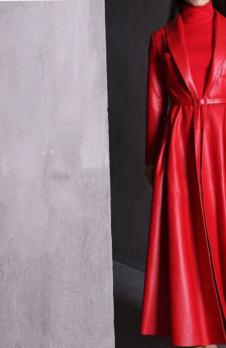 Women's Faux Leather Belted Maxi Trench Coat Full-Length Flared