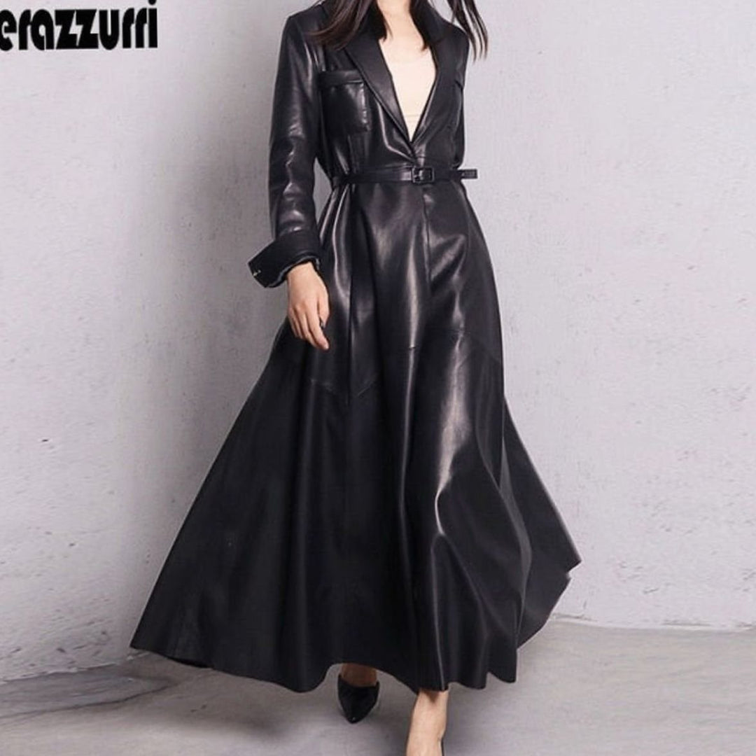 Women's Faux Leather Belted Maxi Trench Coat Full-Length Flared