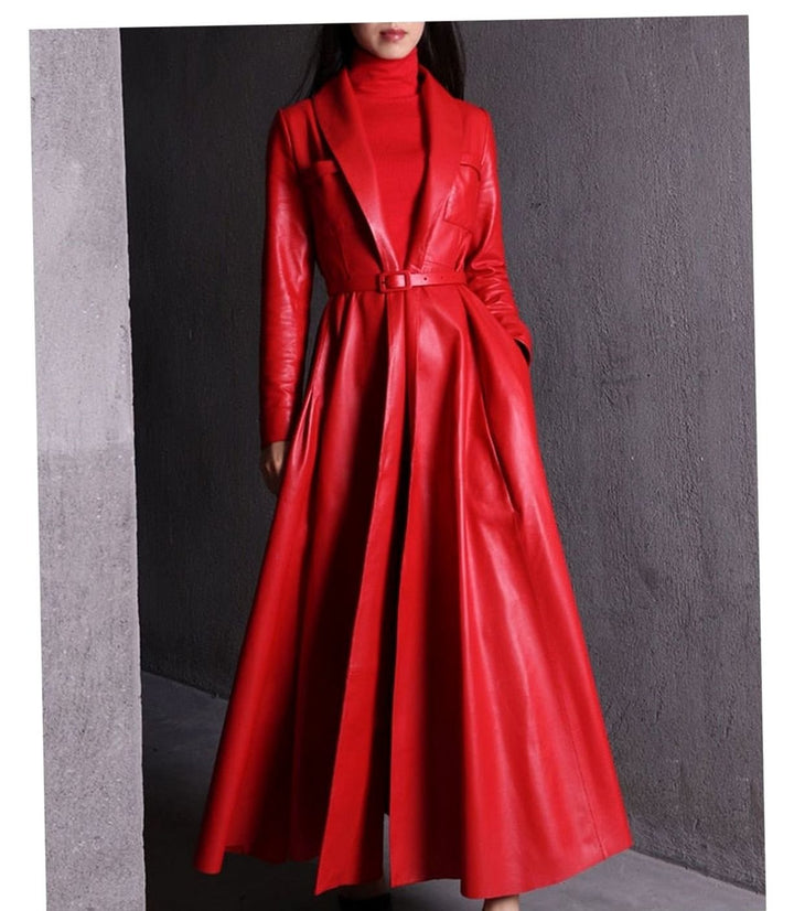 Women's Faux Leather Belted Maxi Trench Coat Full-Length Flared