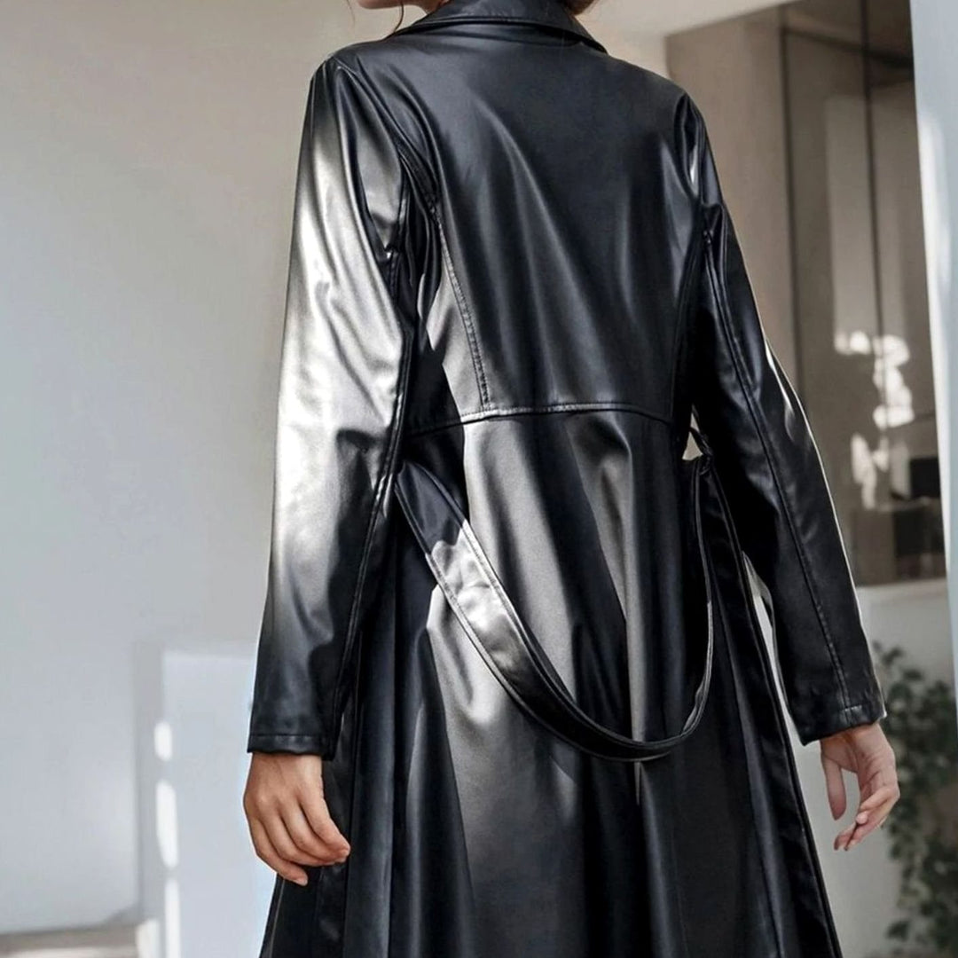 Women's Faux Leather Belted Trench Coat