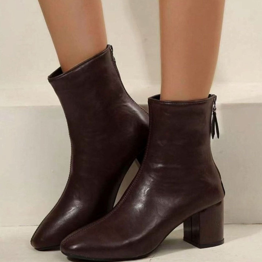 Women's Faux Leather Block Heel Pointed-Toe Ankle Boots