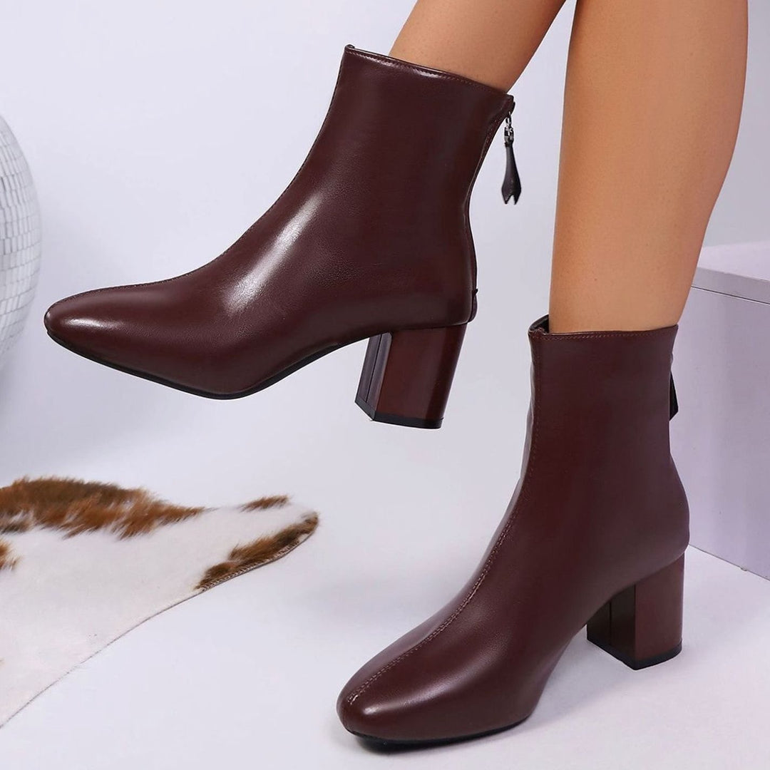 Women's Faux Leather Block Heel Pointed-Toe Ankle Boots