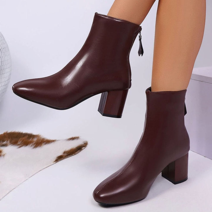 Women's Faux Leather Block Heel Pointed-Toe Ankle Boots