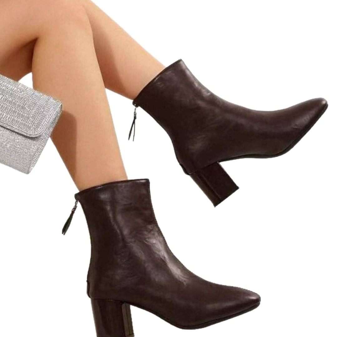Women's Faux Leather Block Heel Pointed-Toe Ankle Boots