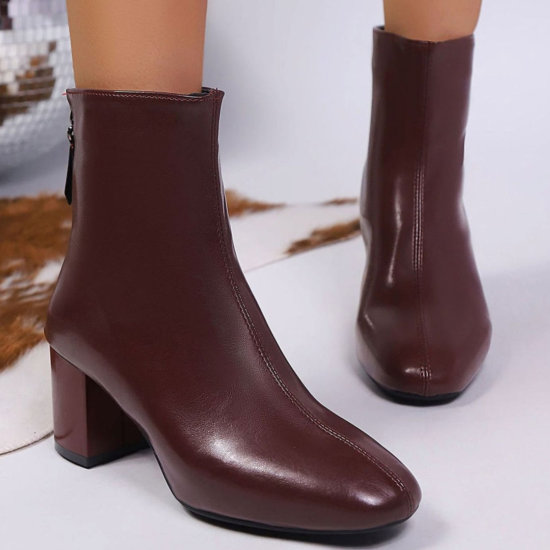 Women's Faux Leather Block Heel Pointed-Toe Ankle Boots - Red