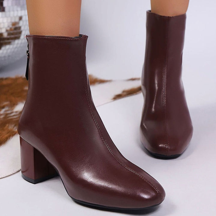 Women's Faux Leather Block Heel Pointed-Toe Ankle Boots - Red