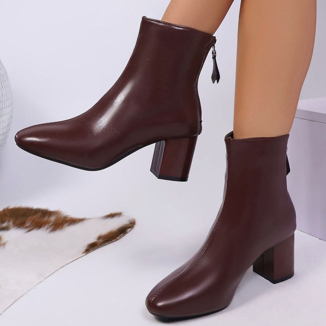 Women's Faux Leather Block Heel Pointed-Toe Ankle Boots - Brown
