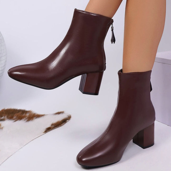 Women's Faux Leather Block Heel Pointed-Toe Ankle Boots - Brown