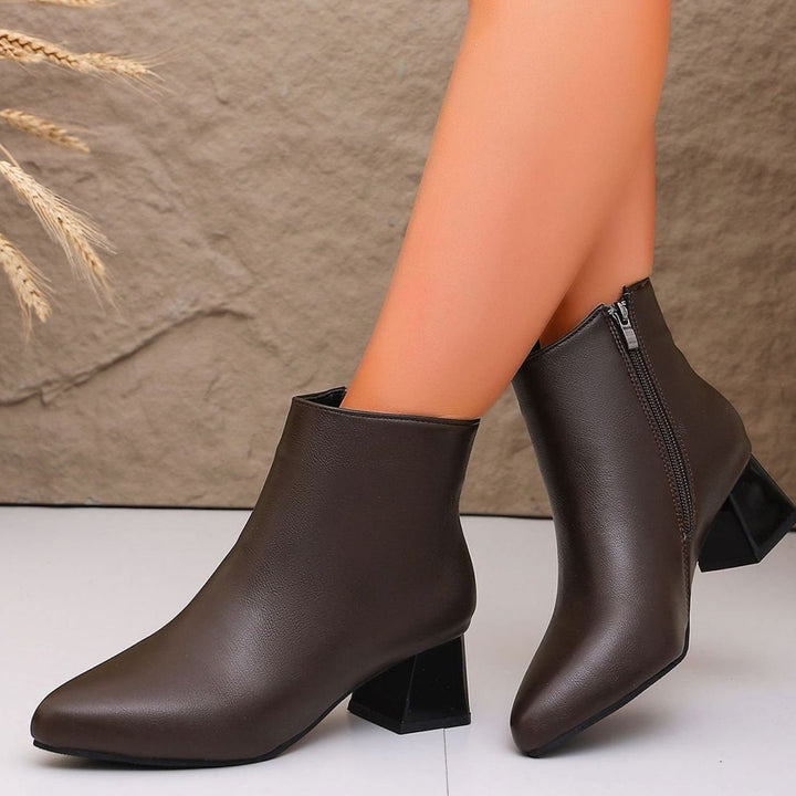 Women's Faux Leather Block Heel Zip-Up Ankle Boots - Brown