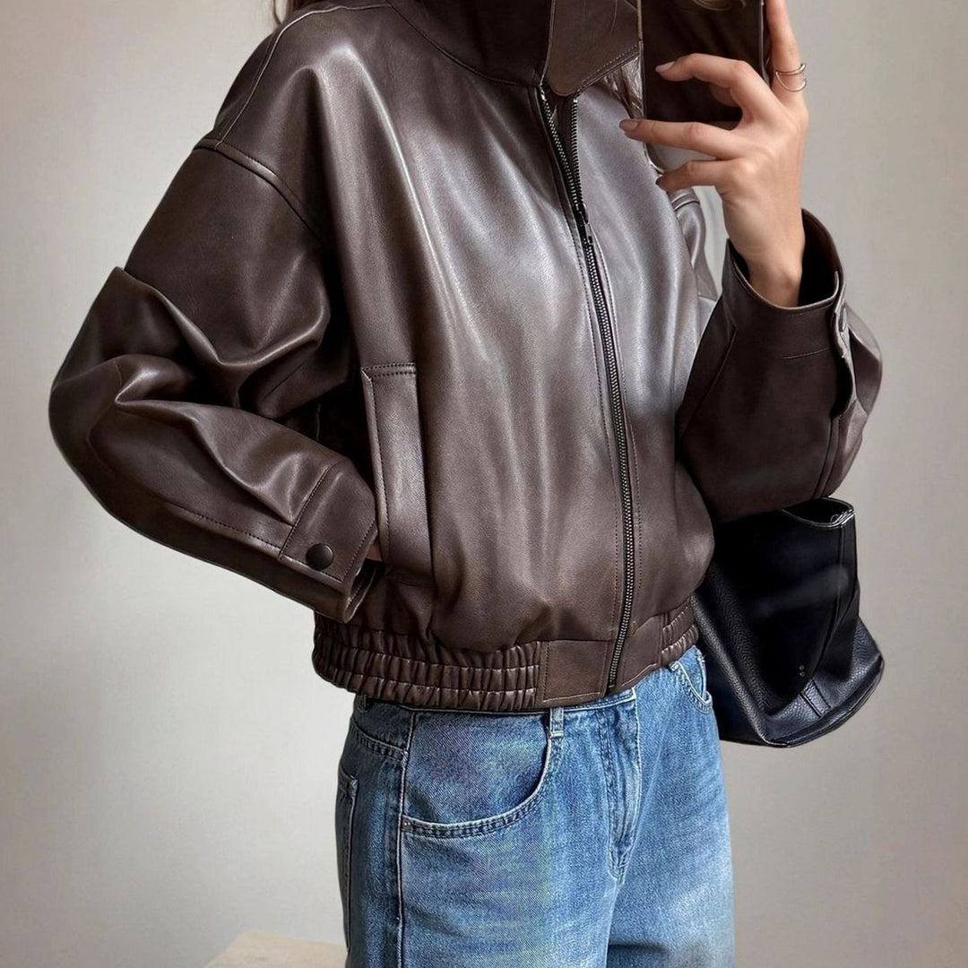 Women's Faux Leather Bomber Jacket Zip-Up Relaxed Fit