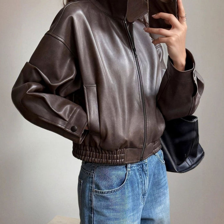 Women's Faux Leather Bomber Jacket Zip-Up Relaxed Fit
