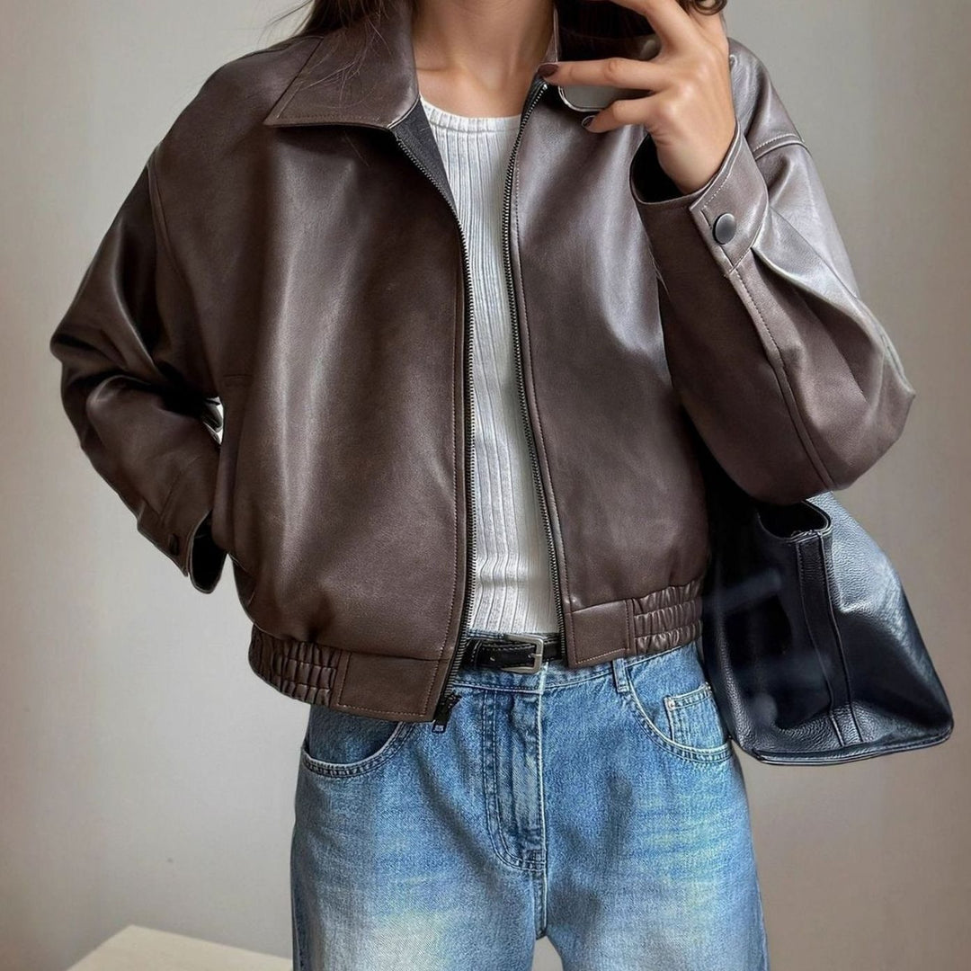 Women's Faux Leather Bomber Jacket Zip-Up Relaxed Fit - Dark Brown