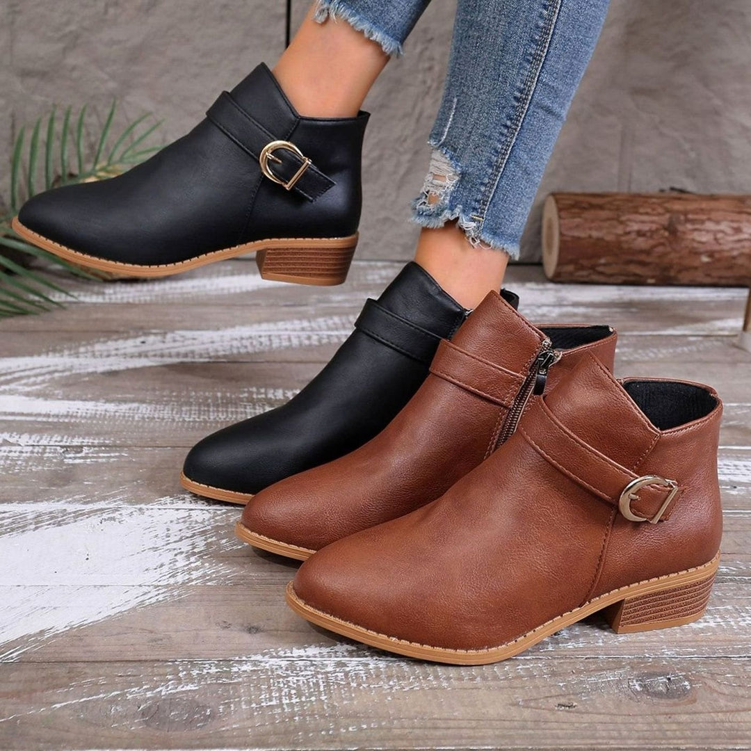 Women's Faux Leather Side-Zip Buckle Ankle Boots