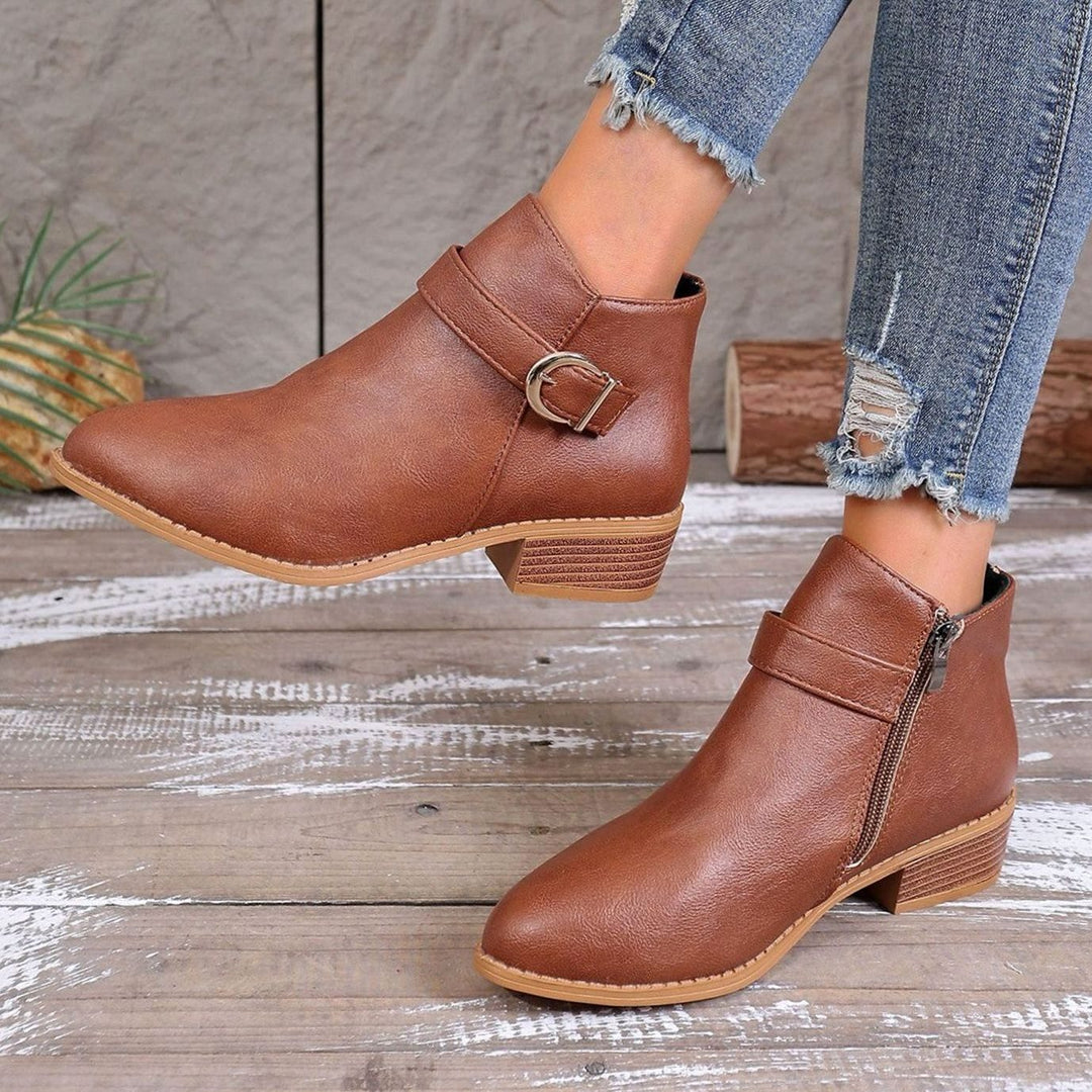 Women's Faux Leather Side-Zip Buckle Ankle Boots