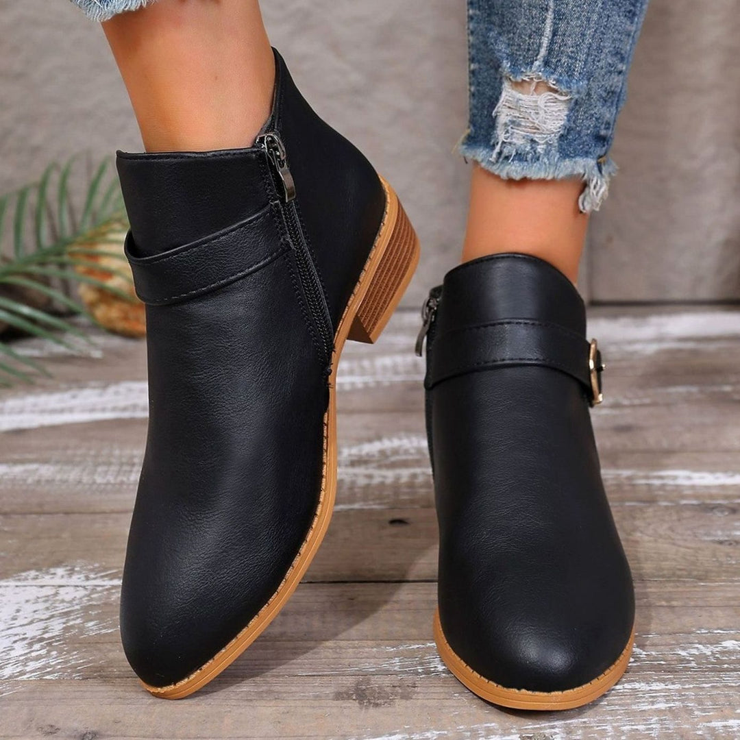 Women's Faux Leather Side-Zip Buckle Ankle Boots