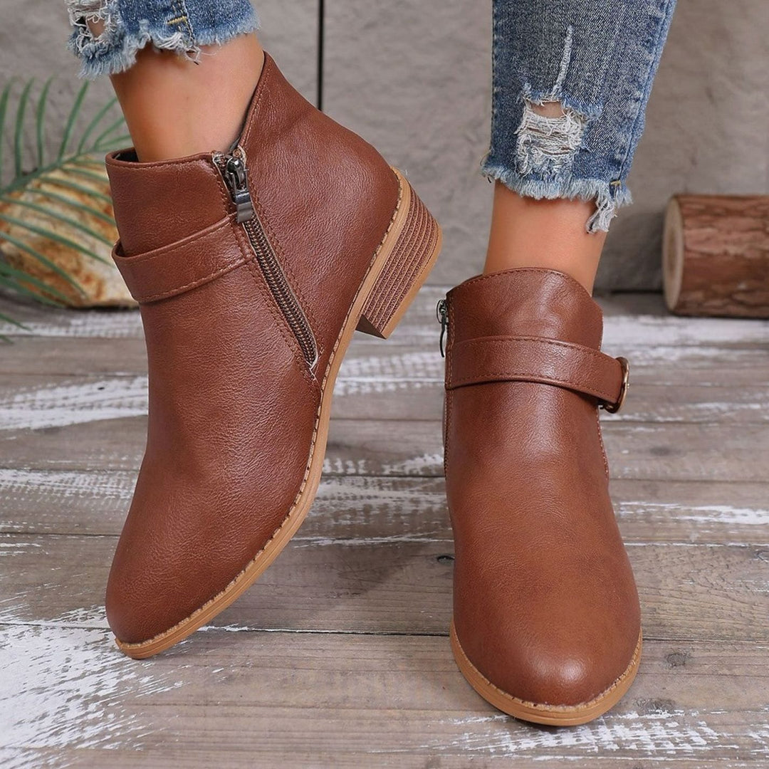 Women's Faux Leather Side-Zip Buckle Ankle Boots