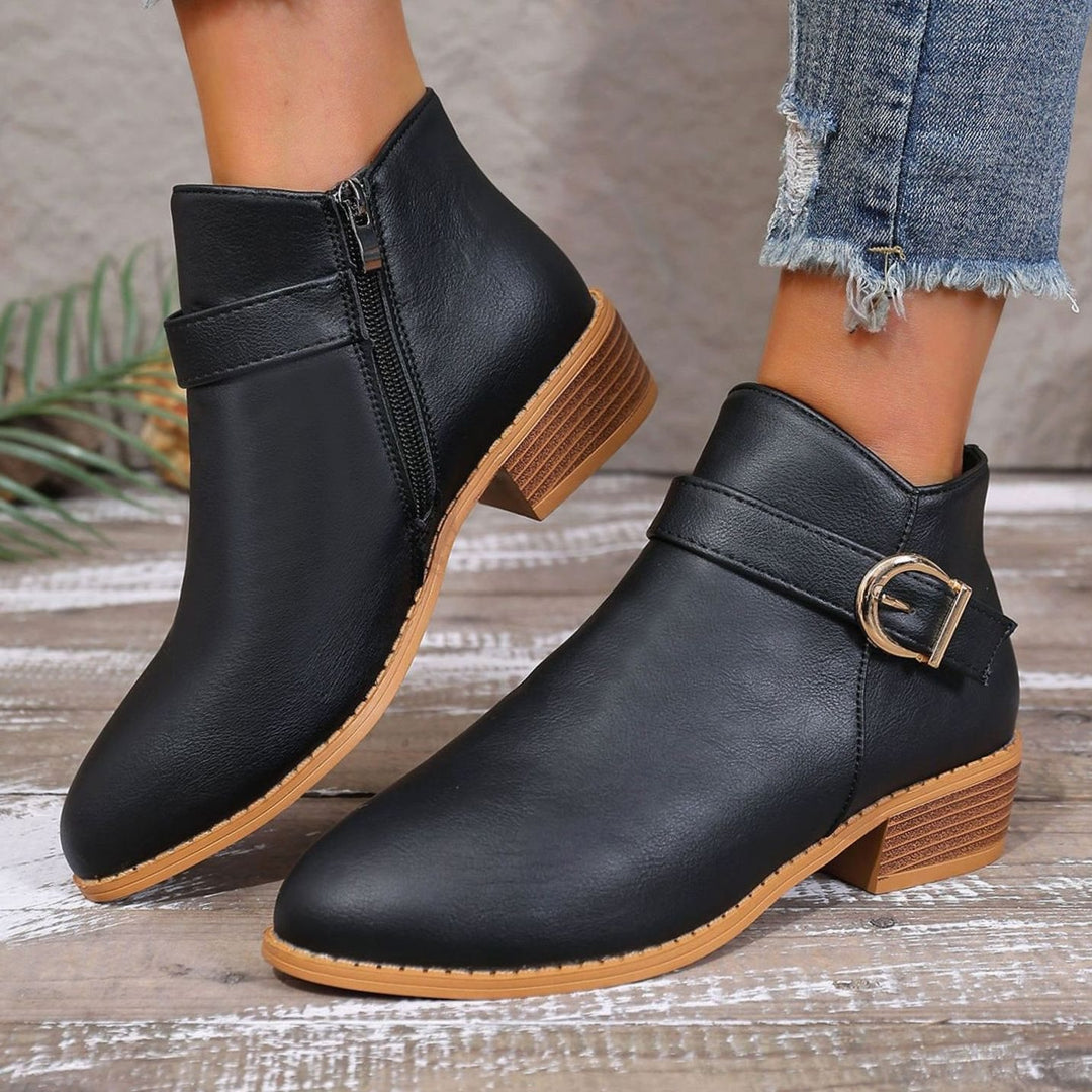 Women's Faux Leather Side-Zip Buckle Ankle Boots - Black